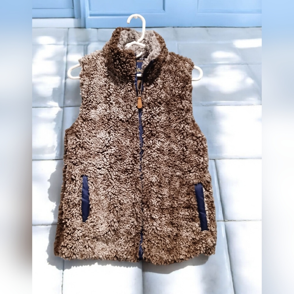 Simply Southern Brown Blue Sherpa Fleece Zip Vest Womans size small Preppy